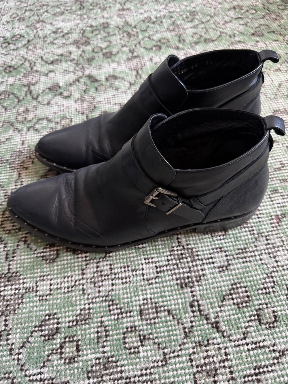 Freda Salvador Black Leather Pointed Ankle Booties with Studded Trim